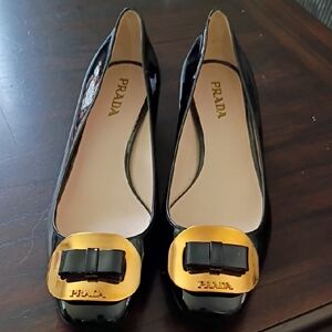 Prada Black Flats with Gold Buckle